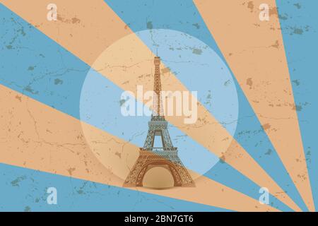 Tour Eiffel rétro - affiche dans un style classique ancien avec des éléments géométriques bleus et bruns et grunge Banque D'Images