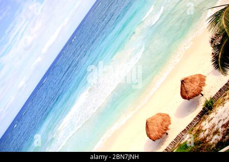 Parasols en paille sur la plage de sable vide de la mer des Caraïbes au Mexique Banque D'Images