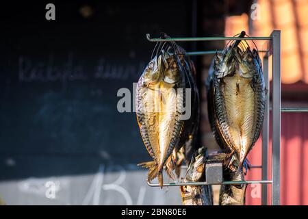 Poisson frais fumé et sec au maquereau épicé sur un marché aux poissons Banque D'Images