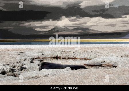 Vue sur la Laguna Piedra et les appartements salins vers les montagnes et les volcans Juriques et Licancabur. San Pedro de Atacama, Antofagasta, Chili Banque D'Images