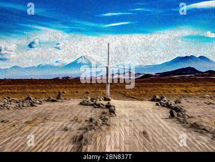 Art numérique, illustration de la photographie. Où le sentier Inca traverse le tropique du Capricorne avec le volcan Lascar au loin Banque D'Images