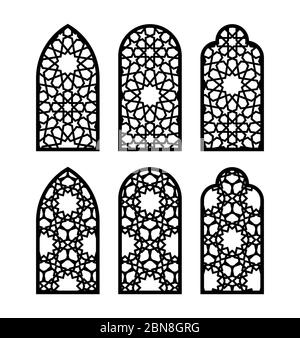 Ensemble de portes ou fenêtres de l'arche arabe. Modèle CNC, découpe au laser, jeu de gabarits vectoriels pour la décoration murale, la suspension, le pochoir, la gravure Illustration de Vecteur