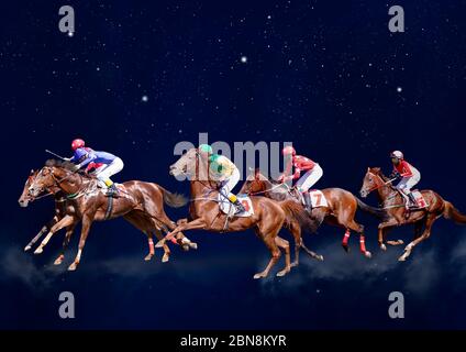 Quatre chevaux de course de cou cou dans une concurrence acharnée pour la ligne d'arrivée. Collage numérique Banque D'Images