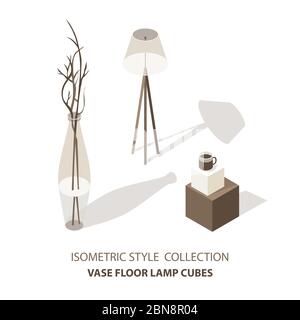 Maison intérieure Isométrique icônes ensemble avec cube table vase et illustration vectorielle isolée de la lampe Illustration de Vecteur
