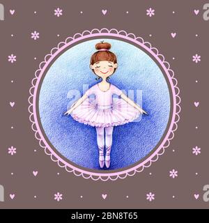 Main dessinée photo de la petite danseuse de ballet par des crayons de couleur dans le cadre vintage rose sur fond marron Banque D'Images