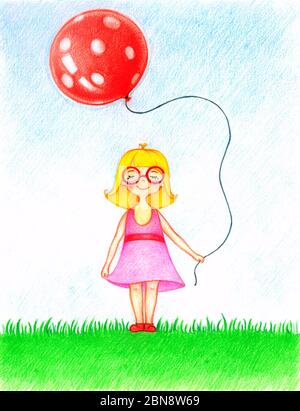 Illustration dessinée à la main d'une fille avec un ballon rouge Banque D'Images