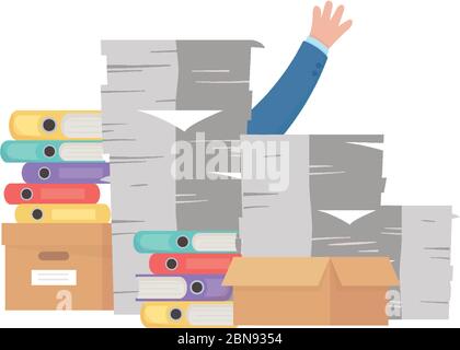 stress au travail, pile de papiers et de nombreuses liants et boîtes illustration vectorielle Illustration de Vecteur