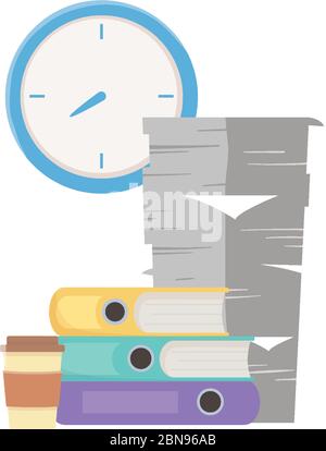 stress au travail, pile de papiers classeurs tasse à café et illustration du vecteur d'horloge Illustration de Vecteur