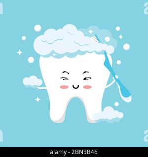 Mignonne emoji dans la mousse se brossant avec la brosse à dents. Illustration de Vecteur