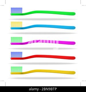 Jeu de brosses à dents multicolores. Fond blanc . Objets isolés. Image vectorielle Illustration de Vecteur