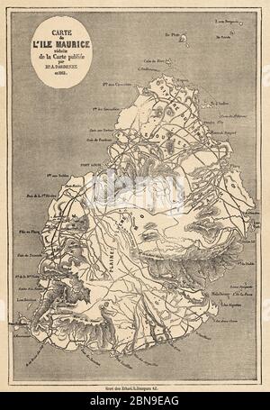 Ancienne carte de l'île Maurice. Îles Mascarene Afrique du Sud, illustration gravée du XIXe siècle, le Tour du monde 1863 Banque D'Images