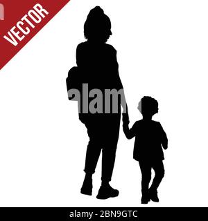 Mère avec silhouettes fille. Maman tient sa main fille sur fond blanc, illustration vectorielle Illustration de Vecteur