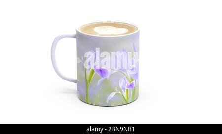 Le rendu 3d de la fleur de l'iris sur la tasse à café Banque D'Images