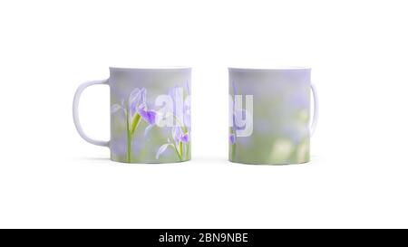Le rendu 3d de la fleur de l'iris sur la tasse à café Banque D'Images