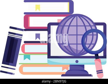 éducation en ligne, monde informatique livres empilés loupe illustration vectorielle Illustration de Vecteur