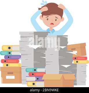 stress au travail, inquiet de l'employé avec pile de documents et de nombreux classeurs et illustrations vectorielles de boîtes Illustration de Vecteur