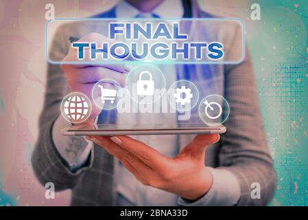 Écriture texte écriture réflexions finales. Photo conceptuelle conclusion dernière analyse recommandations finale de l'idée Banque D'Images