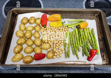 Miami Beach Florida, cuisine, poêle à pain, pommes de terre poivrons pois chiches asperges, griller des légumes, préparation de la cuisine, les visiteurs voyage tour touris Banque D'Images