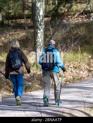 Mölnlycke, SUÈDE - 07 avril 2020 : Mölnlycke, Suède, 7 avril 2020. Couple senior marchant sur un chemin en forêt. Le soleil brille au printemps. Banque D'Images