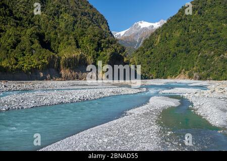 Lit de gravier dans la vallée du fleuve Karangarua, pentes boisées et sommets glaciaires des Alpes du Sud de la Nouvelle-Zélande, parc national de Westland, Fox Glac Banque D'Images