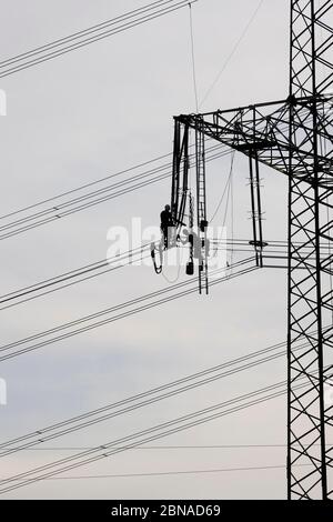 Ingénieurs haute tension travaillant sur les pylônes haute tension, Bade-Wurtemberg, Allemagne, Europe Banque D'Images