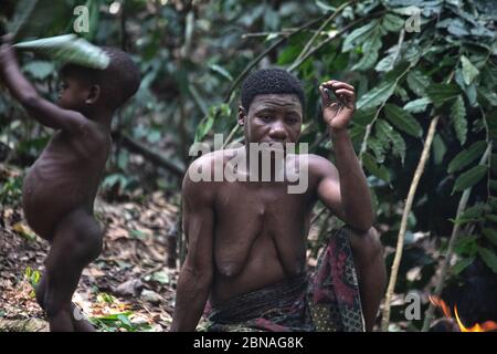 Tribu Pygmy dans la réserve forestière DE DZANGA-Sanha, RÉPUBLIQUE CENTRAFRICAINE Banque D'Images