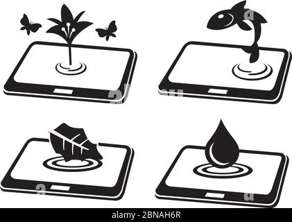 Symboles des éléments de la nature qui viennent à la vie de l'écran tactile de la tablette numérique. Ensemble de quatre illustrations d'icône de vecteur conceptuel noir et blanc Illustration de Vecteur