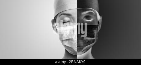 Deux côtés sombres de COVID-19. Triste médecin avec les yeux fermés fatigué portant masque avec le visage divisé en noir et blanc bannière panoramique. Crise de santé du coronavirus. Banque D'Images