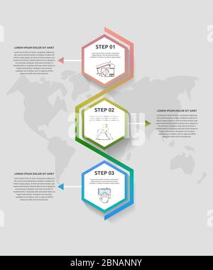Infographies vectorielles. Chronologie moderne avec 3 hexagones, flèches. Utilisé pour la conception Web, la publicité marketing, la mise en page du flux de travail, le rapport annuel Illustration de Vecteur