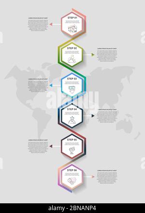 Infographies vectorielles. Chronologie moderne avec six hexagones, flèches. Utilisé pour la conception Web, la publicité marketing, la mise en page du flux de travail, le rapport annuel Illustration de Vecteur