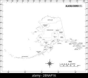 Carte vectorielle administrative et politique de l'État de l'Alaska en noir et blanc Illustration de Vecteur