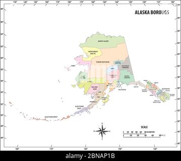 Carte vectorielle administrative et politique de l'État de l'Alaska en couleur Illustration de Vecteur