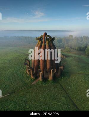 Russie, Nikola-Lenivets - 13 août 2019. Sculpture en bois Bobur dans le parc d'art Nikola Lenivets, lumière du matin. Région de Kaluga, Russie. Vue aérienne. Banque D'Images