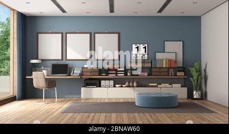 Travaillez à la maison dans une grande pièce avec bureau et panneau latéral contre le mur bleu - rendu 3d