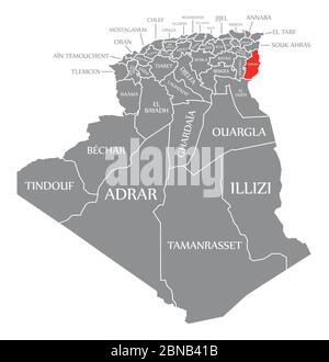 Tebessa rouge mise en évidence sur la carte de l'Algérie Illustration de Vecteur