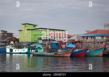 Vue horizontale des bateaux de pêche traditionnels en bois amarrés au port de Kumai, devant quelques fermes de nids d'oiseaux, Central Kalimantan, Bornéo, Indonésie Banque D'Images