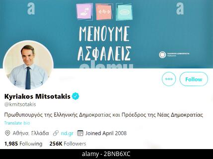 Page Twitter (mai 2020) Kyriakos Mitsotakis - Premier ministre grec Banque D'Images