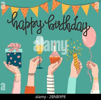 Mains de différentes personnes ayant des attributs d'anniversaire : Illustration de Vecteur