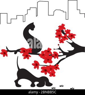 chat noir assis sur la branche de l'arbre de fleurs jusqu'à ce que les pattes de traçage de chiot traînent Illustration de Vecteur