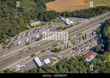 Autoroute A3, station d'autoroute Huenxe-Ost et Huenxe West, 03.08.2019, vue aérienne, Allemagne, Rhénanie-du-Nord-Westphalie, région de la Ruhr, Huenxe Banque D'Images