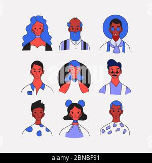 Collection avatars de profil d'occupation différent. Icônes de visages féminins et masculins ensemble d'illustrations vectorielles. Motif moderne à motif dessins animés. Activé Illustration de Vecteur