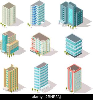 Bâtiments isométriques. Bureaux d'affaires, maisons d'appartements, gratte-ciels pour carte graphique de la ville, paysage architectural. ensemble de vecteurs 3d. Illustration du bâtiment gratte-ciel, ville de maison isométrique Illustration de Vecteur