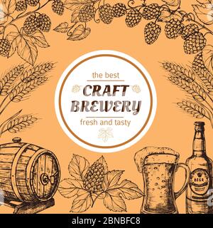 Poster vectoriel vintage de brasserie Doodle Sketch avec bière et houblon. Dessin de brasserie de bière, pub d'alcool, illustration de la bannière oktoberfest Illustration de Vecteur