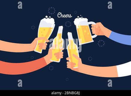 Mains de l'acclamations. Les gens joyeux se trinquer une bouteille de bière et des verres. Joyeux Noël à boire fond vectoriel. Illustration de la bière en bouteille de boisson alcoolisée, fête de cheers au pub Illustration de Vecteur