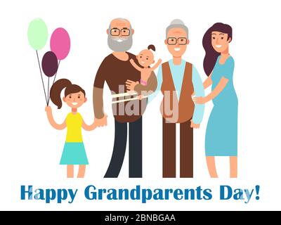 Caricature famille heureuse avec grands-parents. Illustration vectorielle de la fête des grands-parents. Grand-mère et grand-père, petits-enfants avec affiche grand-parent Illustration de Vecteur