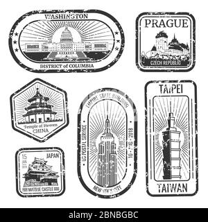 Timbres de voyage vintage noir et blanc avec les principaux monuments et repères ensemble vectoriel. Illustration de l'architecture de voyage, silhouette de timbre touristique Illustration de Vecteur