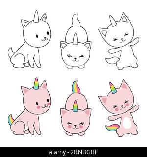 Personnage de dessin animé chats unicorn isolaten sur fond blanc. Enfants colorant avec de jolis chatons. Vector unicorn Cat, illustration amusante de personnages animaux Illustration de Vecteur