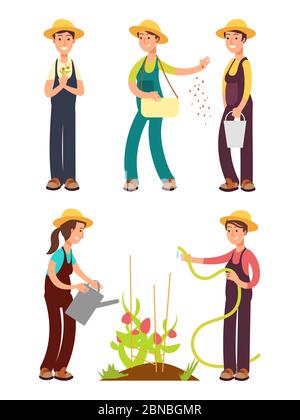 Jeu de vecteurs de dessins animés de fermiers femelles isolés sur blanc. Illustration d'une agricultrice, d'un jardinier de profession agricole Illustration de Vecteur