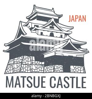 Poster de voyage Vector avec silhouette de château de vue japonaise. Illustration du château silhouette bâtiment japonais Illustration de Vecteur