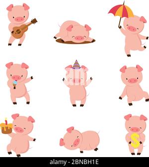 Cochon de bande dessinée. Cochons souriants et mignons jouant dans la boue. Jeu de caractères animaux de ferme vectoriels. Illustration de porc dans la boue, porc de ferme amusant Illustration de Vecteur